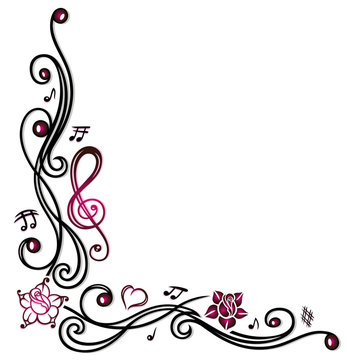 Filigrane Musik Ranke mit Musiknoten, Blumen und Notenschlüssel. 