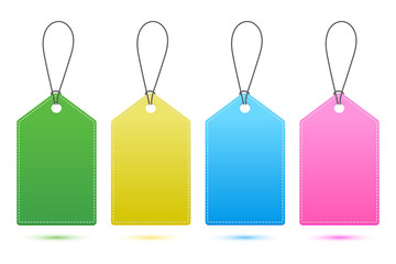 set of blank tags 4 colors green yellow blue and pink with string and shadow isolated on white background