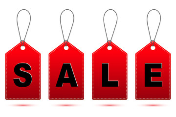 red SALE tag with string and shadow isolated on white background