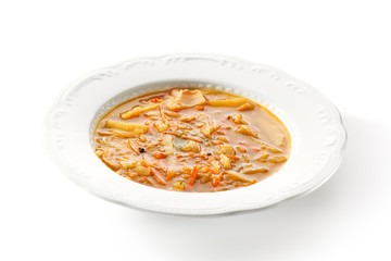 Vegetable Soup. White Bowl Plate