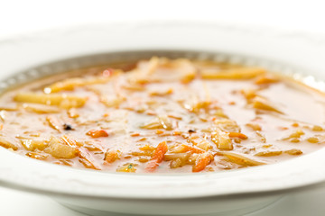 Vegetable Soup. White Bowl Plate