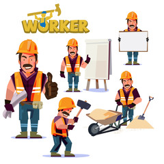 Construction Worker in action. Character design set - vector
