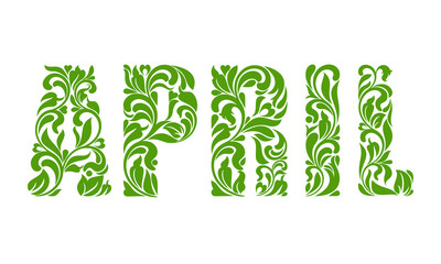 APRIL. Decorative Font with swirls and floral elements isolated on a white background