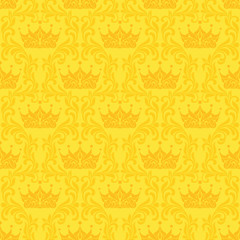 Royal Seamless Pattern. Crown and floral vintage tracery on a yellow background.