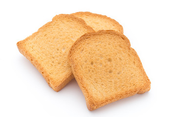 Slices of toast bread on wooden table, top view.