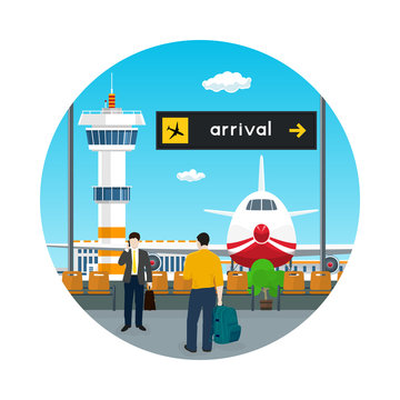 Icon Airport , View on Airplane and Control Tower through the Window from a Waiting Room with People , Scoreboard Arrivals at Airport, Travel Concept, Flat Design, Vector Illustration