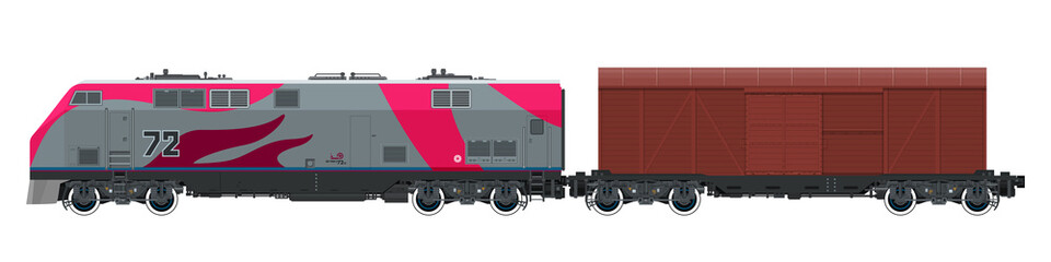 Locomotive with Closed Wagon , Train Isolated on White Background, Railway and Cargo Transport, Vector Illustration