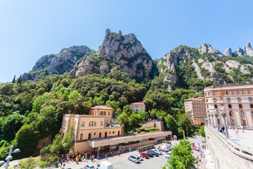 Santa Maria de Montserrat Abbey on the mountain of Montserrat, near Barcelona, Catalonia, Spain.