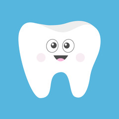 Tooth icon. Cute funny cartoon smiling character with big eyes. Oral dental hygiene. Children teeth care. Tooth health. Baby background. Flat design.