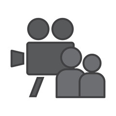 Old camera, film, people and movie theater, movie and audience, vector image, flat design,black-and-white