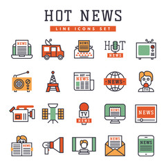 Hot news icons flat style colorful set websites mobile and print media newspaper communication concept internet information vector illustration.