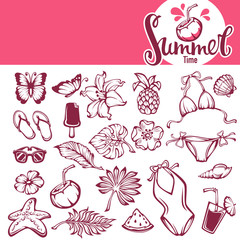vector collection of summer tropical objects, leaves, flowers, clothes, drinks for your design
