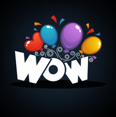 Wow banner with color confetti and balloons
