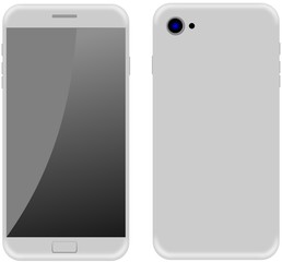 modern white smart phone model with a black screen isolated on white background.