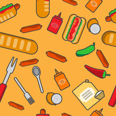 preparation of hot dog, seamless pattern, fork, spoon, sausage, roll, ketchup, mayonnaise, mustard, onions,cucumber, pepper, ingredient, vector image, flat design,