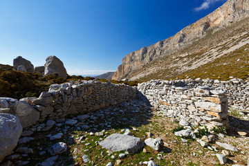 View of an old ruined buildings and landscape of Amorgos island.