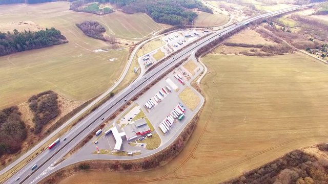 Aerial view of highway D5 gasoline station with parking nearby Pilsen, Czech republic, Central Europe. Transportation concept.