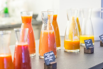 Bottles of Fresh Juices at Buffet Restaurant, Buffet Brunch Food Eating Festive Cafe Dining Concept