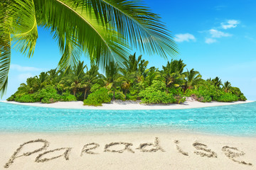 Plakat Whole tropical island within atoll in tropical Ocean and inscription 