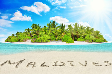Naklejka na ściany i meble Whole tropical island within atoll in tropical Ocean and inscription 