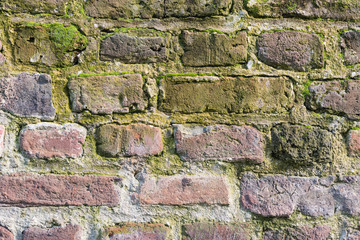 Details of a historic brick wall with moss and limescales - perfect for grunge backgrounds
