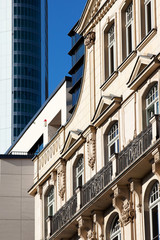 Office glass facade and historic building