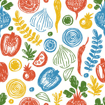 Fresh Vegetables Seamless Pattern. Sketchy Fun Healthy Eating Background.  Vector Illustration