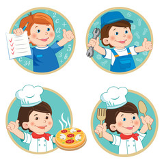 Real Professional. Kids Profession Education Cartoon Vector Set. School Boy Holding Up His Grades. Happy Boy Mechanic In Work Clothes. Young Boy Chef With Pizza. Young Worker.