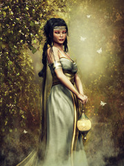 Kobieta w starożytnych baśniowych szatach z latarnią na tle kolorowego lasu © Obsidian Fantasy