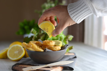 Spanish cuisine. Dish with Fried Calamari
