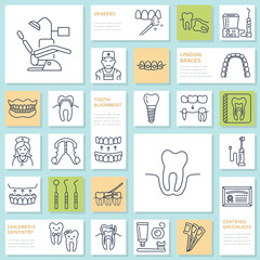 Dentist, orthodontics line icons. Dental care equipment, braces, tooth prosthesis, veneers, floss, caries treatment and other medical elements. Health care thin linear signs for dentistry clinic.