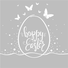 Cover design greeting cards for happy Easter. Shows one  big egg with phrase Happy Easter on them. Used grey and white colors. Around the egg of a butterfly white and confetti white.