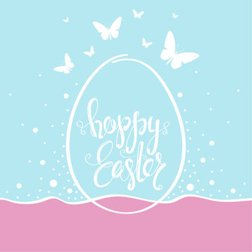 Cover design greeting cards for happy Easter. Shows one  big egg with phrase Happy Easter on them. Used blue, pink and white colors. Around the egg of a butterfly white and confetti white.