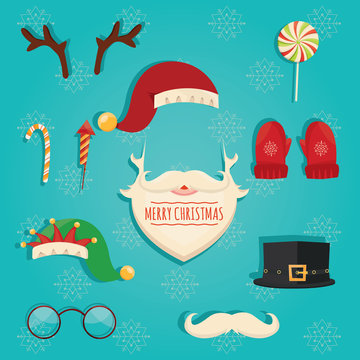 Modern vector illustration of Christmas accessories. Beard of Santa Claus. Glasses, hats, lips, mustaches, masks - for design, photo booth in vector