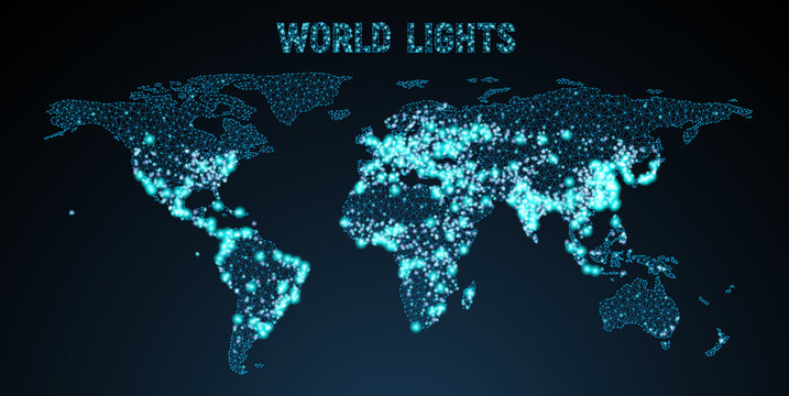 Vector low-poly image of a global map with lights in the form of world cities or population density, consisting of points, lines, and shapes. Wireframe concept of the world network.