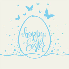 Cover design greeting cards for happy Easter. Shows one  big egg with phrase Happy Easter on them. Used blue and beige colors. Around the egg of a butterfly blue and confetti blue.