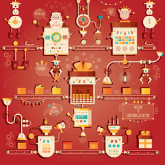 Modern vector illustration of Christmas gifts factory. Industry of new year celebration.