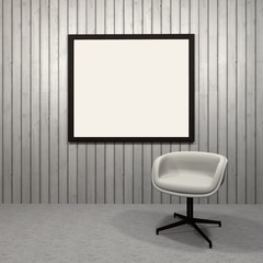 Blank black picture frame on wooden wall and modern armchair