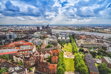 Overlook from the Michelin Tower to the old town in Hamburg, Germany