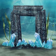 Tajemnicza brama z kryształami na tle podwodnego krajobrazu - obrazy, fototapety, plakaty