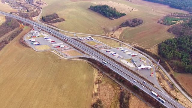 Aerial view of highway D5 gasoline station with parking nearby Pilsen, Czech republic, Central Europe. Transportation concept.