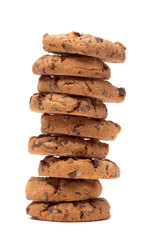 Tower of Chocolate Cips Cookies, Isolated on White