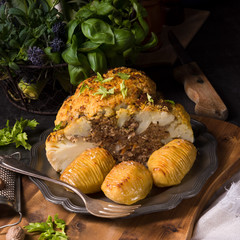 Stuffed cauliflower with mince and Hasselback potatoes