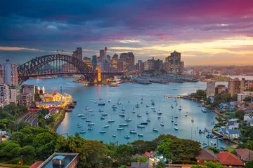 Papier Peint photo Sydney Sydney. Image de paysage urbain de Sydney, Australie avec Harbour Bridge et Sydney skyline pendant le coucher du soleil.