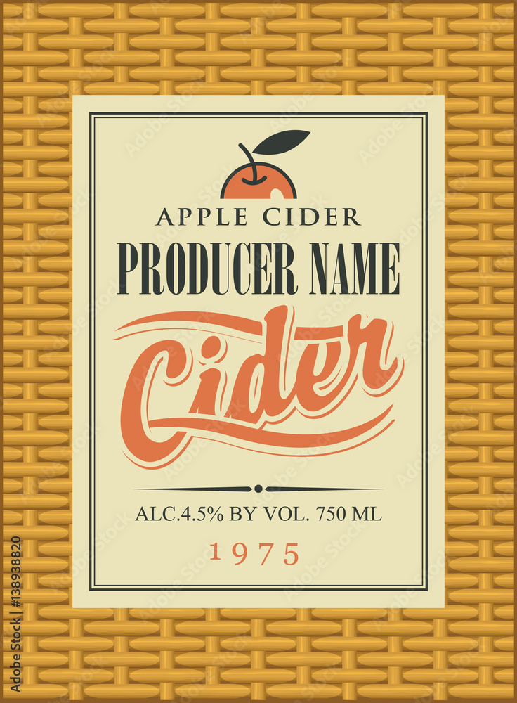 Poster cider label in square frame on the basket background with apple