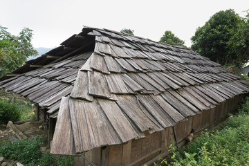 Old wooden roof of ethnic minority house in Yen Bai province, Vietnam
