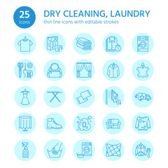 Dry cleaning, laundry line icons. Launderette service equipment, washing machine, clothing shoe and leaher repair, garment ironing and steaming. Washing thin linear signs for self-service laundry.