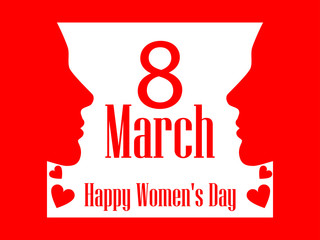 Happy Women's Day greeting card. 8 March. Female face with the text of congratulations. Holiday card. Vector illustration