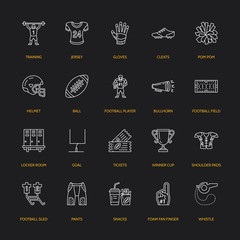 Vector line icons of american football game. Elements - ball, field, player, helmet, bullhorn. Linear signs set, football championship pictogram with editable stroke for sport event, fan store.