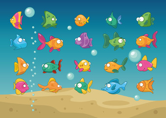 Naklejka na ściany i meble 20 fish characters in the sea with sand and bubbles